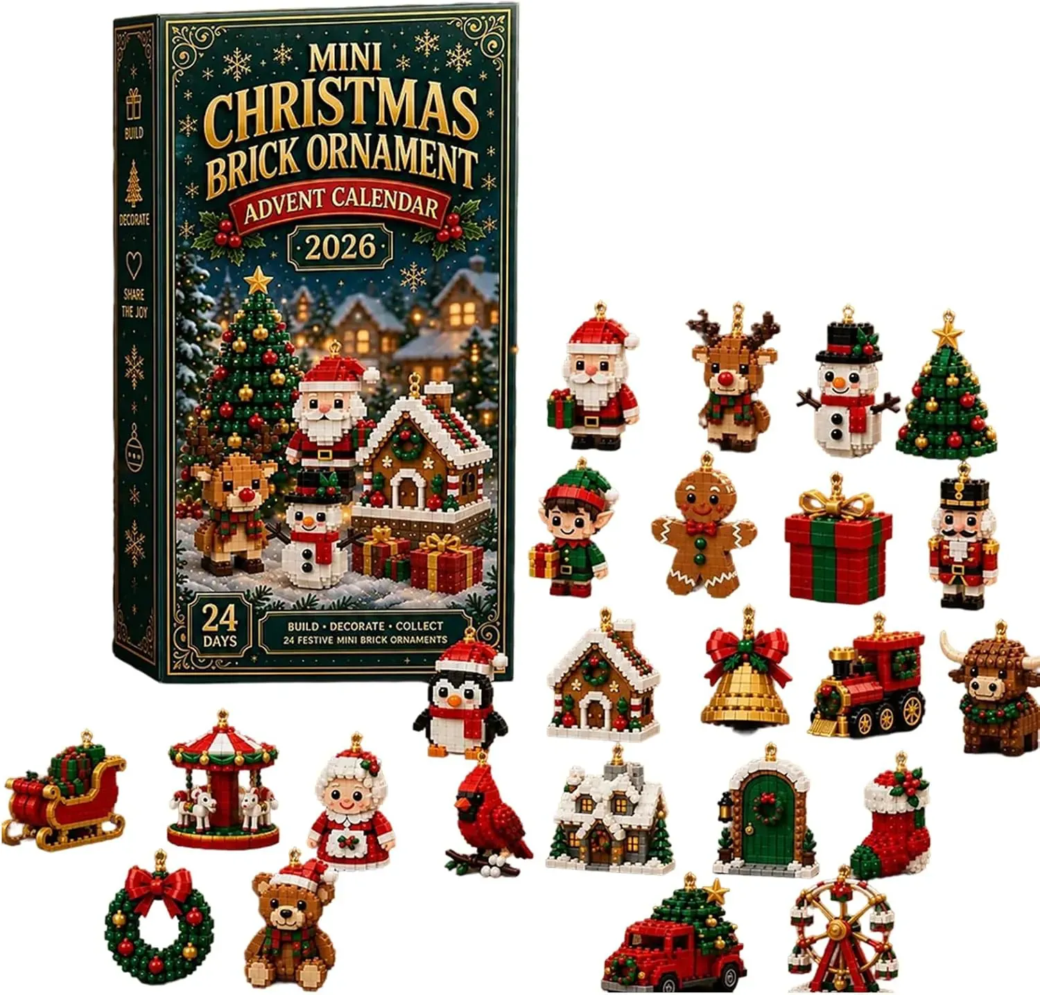 24-Day Mini Christmas Brick Ornament Advent Calendar, 24 Unique Buildable Holiday Designs with (2-Pack)